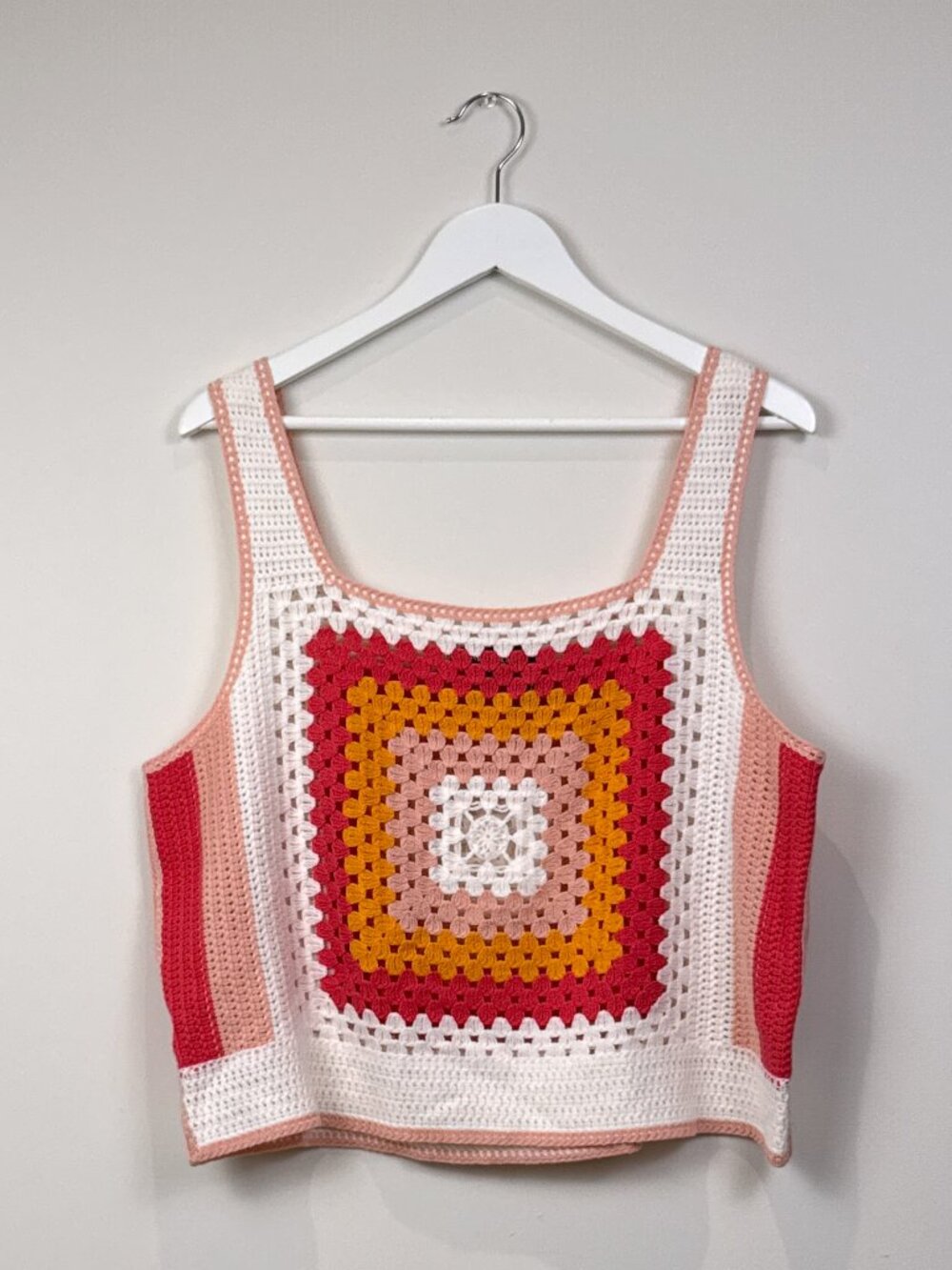 DKNY Jeans Womens XL Crochet Granny Square Tank Top Pink Orange White Knit